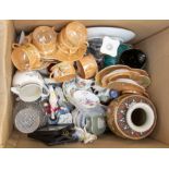 A quantity of mixed items including Spode figures (AF), cups and saucers, Wedgwood, Derby, glass