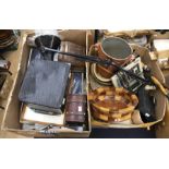 Collection of misc items including wooden, ceramics, vanity case, picture, serving trays, copper ice