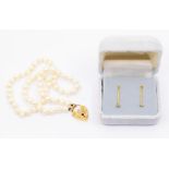 A 9ct gold and cultured pearl necklace with padlock clasp, length approx 16'', along with a pair