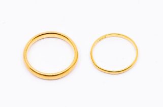Two 22ct gold rings, one approx 3mm the other aprox 1.5mm, sizes P1/2, M1/combined weight approx 6.