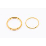 Two 22ct gold rings, one approx 3mm the other aprox 1.5mm, sizes P1/2, M1/combined weight approx 6.