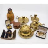 Mid 20th Century Russian Doll along with a collection of brass ware including badges, cufflinks
