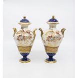 Pair of 19th Century Wedgwood lidded mantle vases, gilt and flower detail
