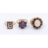 An early 20th century  9ct rose gold initial ring size M, a 9ct gold and amethyst set cluster