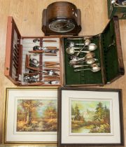 A 1950's Enfield clock, two small canteens of plated cutlery, two late 20th Century oils on canvas