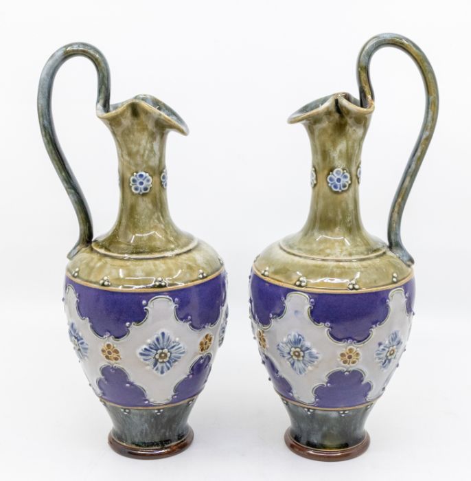 Pair of Royal Doulton ewers, green and blue ground, early 20th Century, no visible chips or cracks