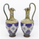 Pair of Royal Doulton ewers, green and blue ground, early 20th Century, no visible chips or cracks