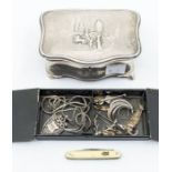 An Edwardian silver jewellery box, cartouche shaped the cover chased with horse drawn carriage and