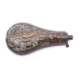 A Victorian brass and copper powder flask embossed with hanging game including Stag, Pheasant and