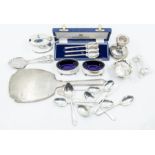 A collection of silver to include: Pair of Georgian style salts, with blue glass liners, by ESB,