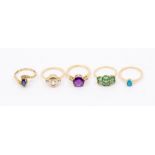 A collection of five Gems TV 9ct gold and gem set rings to include a neon apatite single stone,