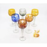 Six rainbow Crystal Barbara hand made crystal glasses. Height approx 17cm. Condition: One glass