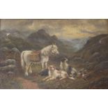 Oil on canvas, highland scene with pony, three dogs and a pheasant