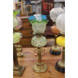 Late Victorian brass and green glass oil lamp with Art Nouveau etched glass shade