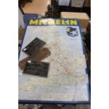 Early 60s metal Michelin tyre garage wall map along with Boby box drum and Robert Boby Ltd cast