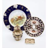 A Royal Crown Derby 1128 pattern ovoid vase and cover; a 6299 pin dish; a 2451 side plate; a Handley