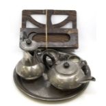 Arts and Crafts Abbey pewter tea set on tray along with table top music stand