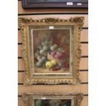 Still life oil on canvas by George Clare of Apples and Plums, 24cm by 30cm, gilt frame