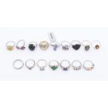 A collection of sixteen Gems TV silver and gem set rings, to include a multicolored  sapphire ring