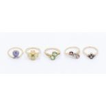 A collection of five Gems TV 9ct gold and gem set rings to include  an Ethiopian opal ring set
