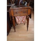 A William IV walnut drop leave sewing table, inset with tooled leather writing top, single drawer to
