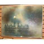 Modern School, Locomotives by Moonlight, oil on panel, 75 x 100cm, signed lower right