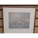 W E J Dean (20th Century/Derby porcelain painter)  Ship being towed to harbour by tug watercolour