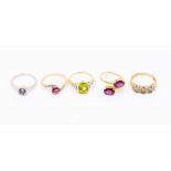 A collection of five Gems TV 9ct gold and gem set rings to include a peridot ring, L1/2, a two stone