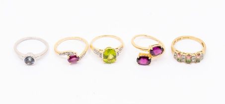 A collection of five Gems TV 9ct gold and gem set rings to include a peridot ring, L1/2, a two stone