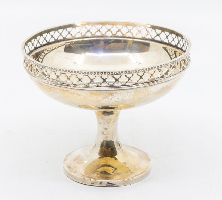 A George V silver raised bon bon dish with gallery rail, trumpet foot, hallmarked by William
