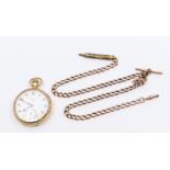 A J.W Benson 9ct gold open faced pocket watch, white enamel dial with number markers and