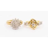 Two 9ct gold and diamond set cluster rings, comprising a round cluster, claw set with round