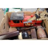 A Triang Puff-Puff train, 73000, a tinplate cowboy on horse; an L&YRCO etc, a wooden money box, tin,