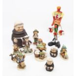 Collection of Goebel figures including monk kitchen wares and 1960s glass maroon clown
