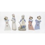 Lladro figure of a girl with three Nao figures and another Spanish made figure