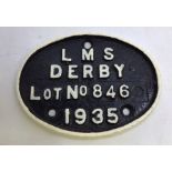 Railway: cast iron builders plate, L.M.S. Derby lot no. 846, 1935.
