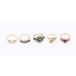 A collection of five Gems TV 9ct gold and gem set rings various cuts and colours of gemstone,
