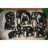 Eleven early to mid-20th century ebony elephants with ivory detail, graduated in size - some are