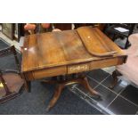 Flame Mahogany Sofa Table, one leaf detailed with brass banding, double turned column base support