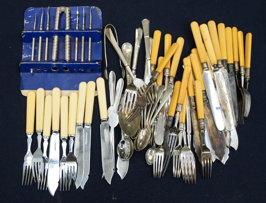 A collection of silver plate, EP, EPNS flatware to include: set of six Bedford plate fish knives and