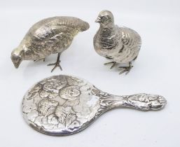 A pair of silver plated Partridges, realistically cast together with an EPNS Reynolds Angel dressing