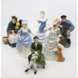 A collection of six Royal Doulton figures including The Old Balloon Seller and the Lobster man