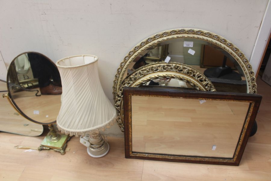 Three 20th Century wall mirrors, onyx table mirror, and Italian lamp