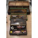 Three wooden tool boxes, with early to mid 20th Century wooden handle tools, including drills,