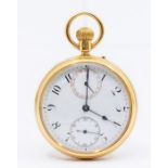 An 18ct gold open faced pocket watch, white enamel dial with Arabic numeral markers, dial approx