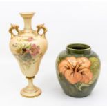 Royal Worcester blush ivory handled vase and a Moorcroft Pottery ginger jar, no lid, in Hibiscus