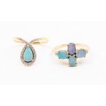 Two opal and white topaz set 9ct gold dress rings, comprising a quatrefoil set with oval opals,