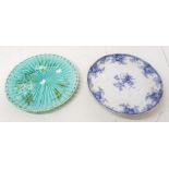 19th century blue and white Windsor flowers Coalport cake stand and an early 20th century Majolica-