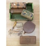 Collection of treen boxes including glove box, childs box and wooden shoe stretchers with collar