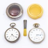 A silver pocket watch with white enamel dial, number markers and subsidiary dial, approx 44mm,